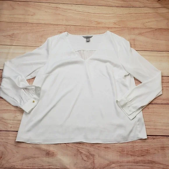 H&M Blouse Womens 12 White V-Neck Long Sleeve Blouse Business Casual Top Ladies - Picture 1 of 8